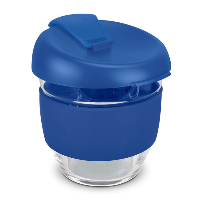 A drink bottle with a blue silicone lid and base, featuring a clear borosilicate glass body and a logo.