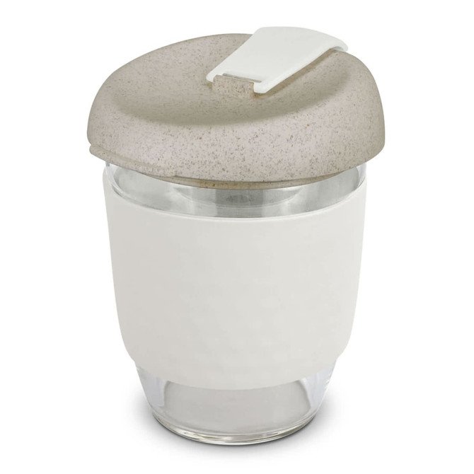 A drink bottle featuring a clear body with a beige, textured lid and a white silicone sleeve.