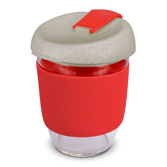 A drink bottle featuring a clear glass body, red silicone sleeve, and a grey lid with a red clip.