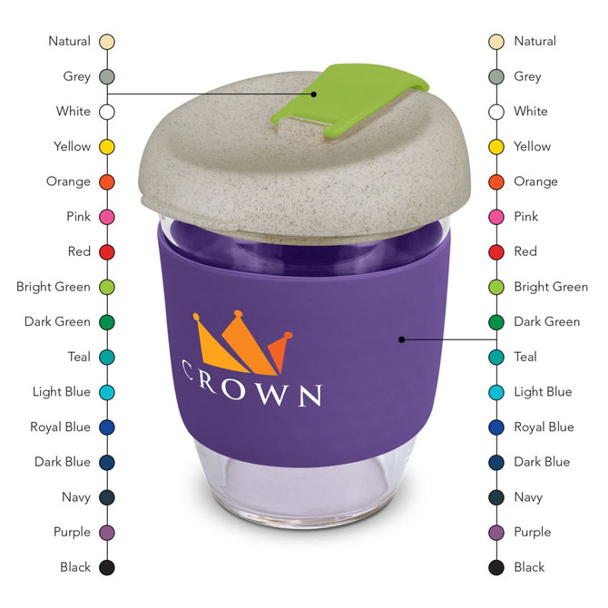 A drink bottle featuring a purple body, a grey lid, and a green toggle, with a logo displayed on the front.