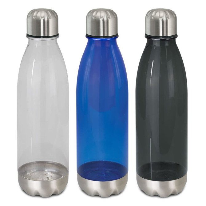 A drink bottle set featuring three translucent bottles in clear, blue, and dark grey, each with a stainless steel base and lid.