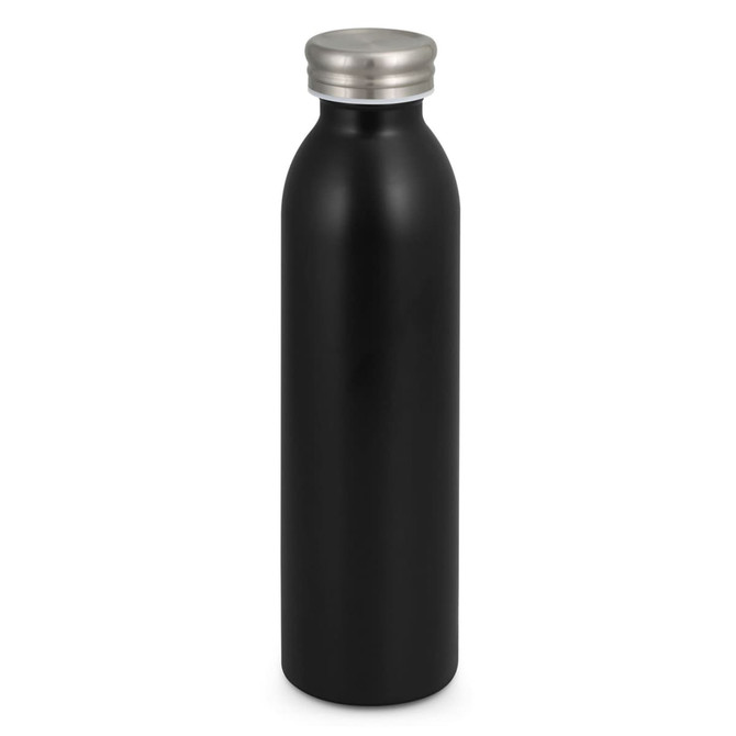 A drink bottle with a sleek black body and a silver metal cap, featuring a simple design and a branding logo.