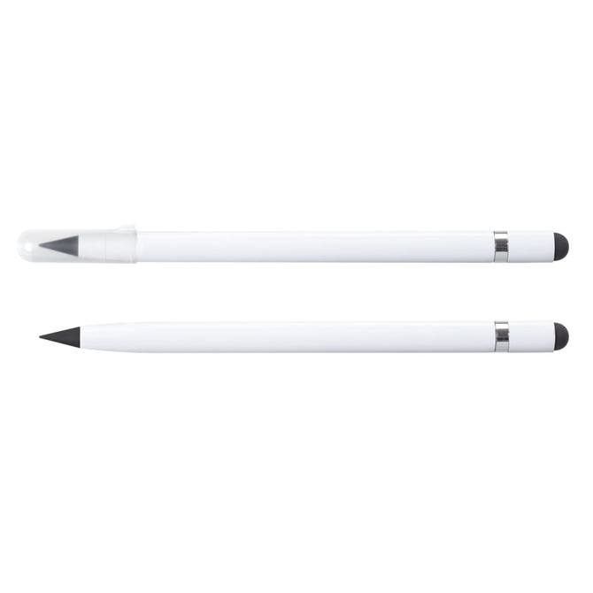 A white stylus pen with a rounded tip and a clear cap, featuring a silver band. Two pens are displayed.
