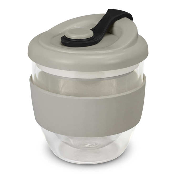 A drink bottle in a light grey and clear design, featuring a silicone sleeve and a black lid with a button.