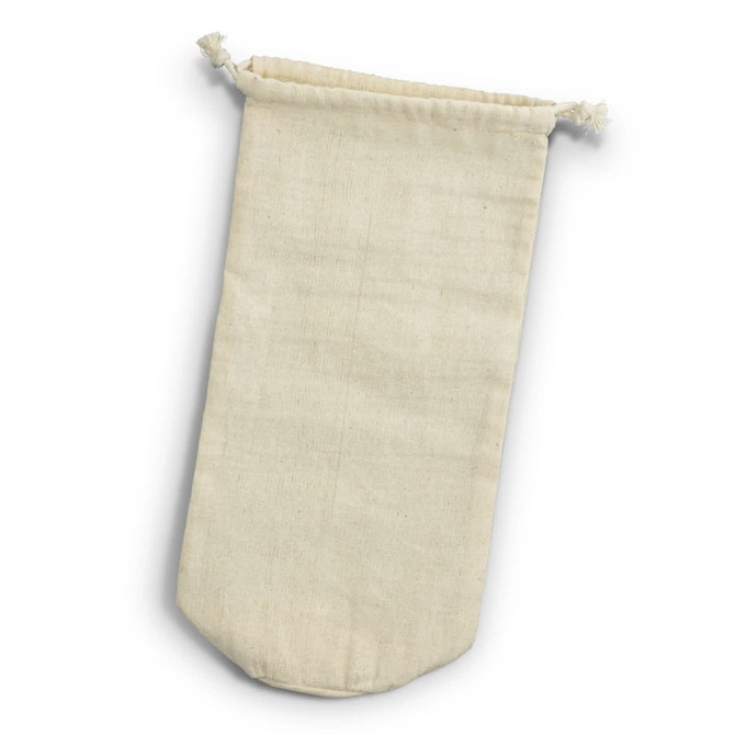 A drink bottle gift bag in a natural, off-white cotton fabric with drawstring closure.