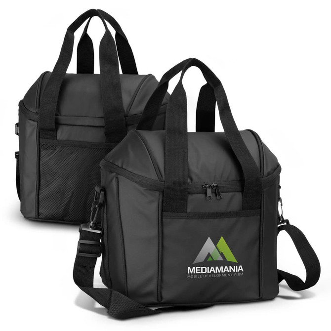 A black cooler bag with a logo, featuring dual handles and a detachable shoulder strap.