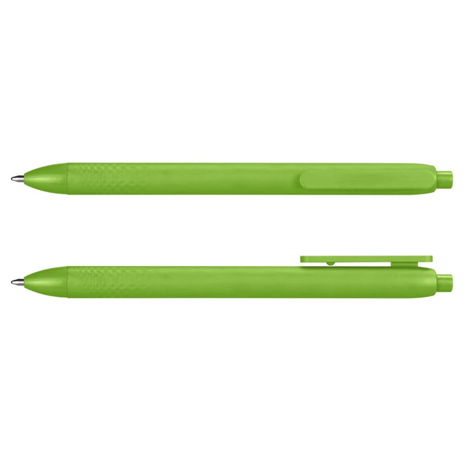 A green pen with a textured grip and a clip. The pen has a sleek design and a branding logo on it.