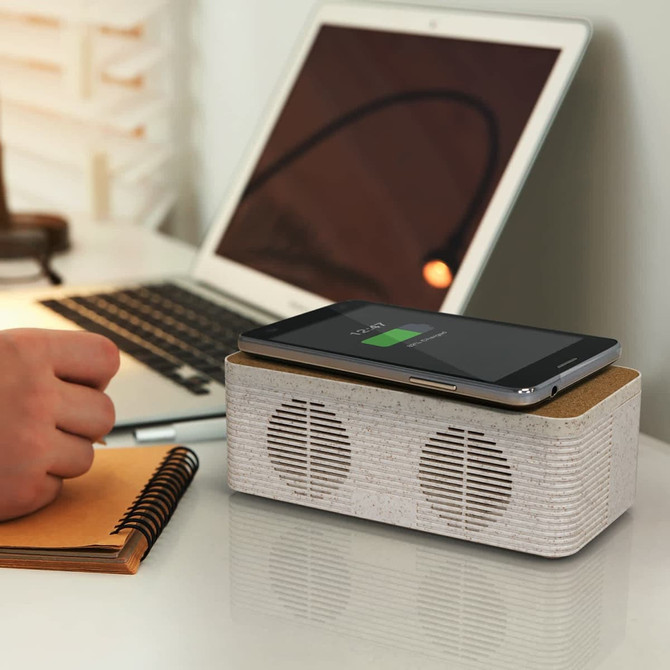 A brown cardboard box containing the NATURA Oaken Speaker Wireless Charger, featuring a simple design and logo.