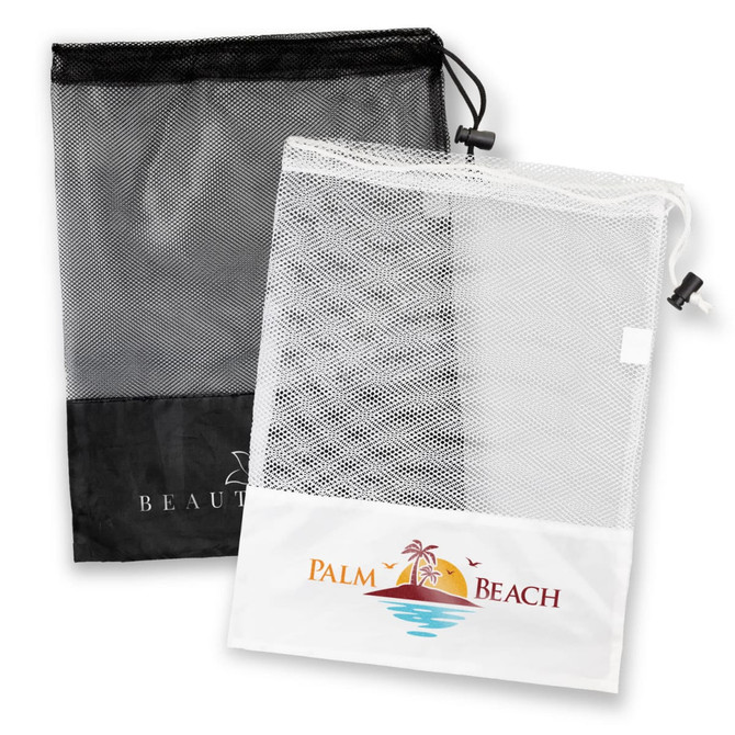 A black and white drawstring mesh bag featuring a logo and a white mesh section at the top.