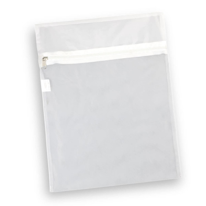 A transparent mesh laundry bag with a white zipper, designed for storing delicate items.