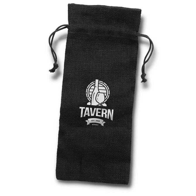 A black jute drawstring bag featuring a logo, designed for holding bottles or similar items.