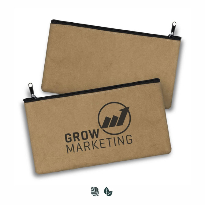 A kraft pencil case in a brown hue featuring a logo on one side, with a zip closure at the top.