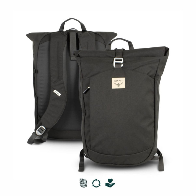 A roll top backpack in dark grey with adjustable straps and a logo on the front.