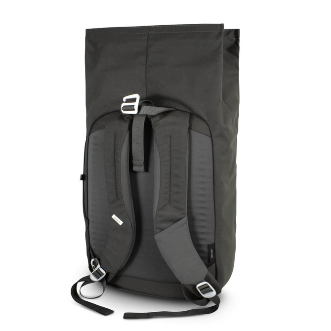 A roll top backpack in dark green with adjustable straps and a grey back panel. It features a logo.