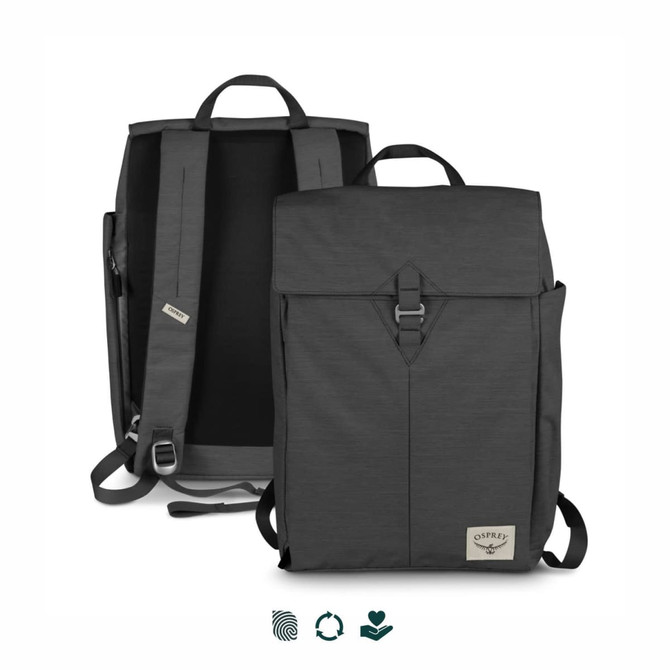 A grey Osprey Arcane Flap Backpack with adjustable straps and a buckle closure, featuring a logo.