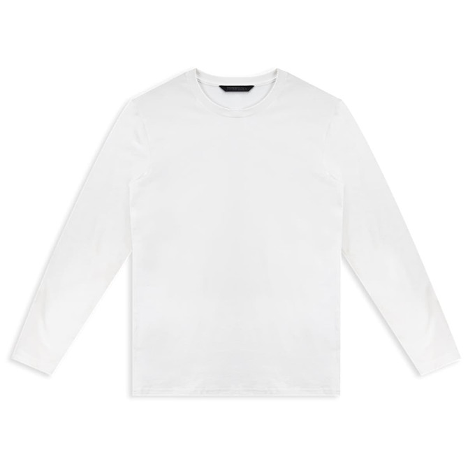 A white long sleeve crew shirt with a simple design and a logo on the label.