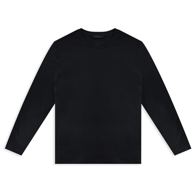 A black long sleeve crew shirt featuring a simple design and a branding logo.