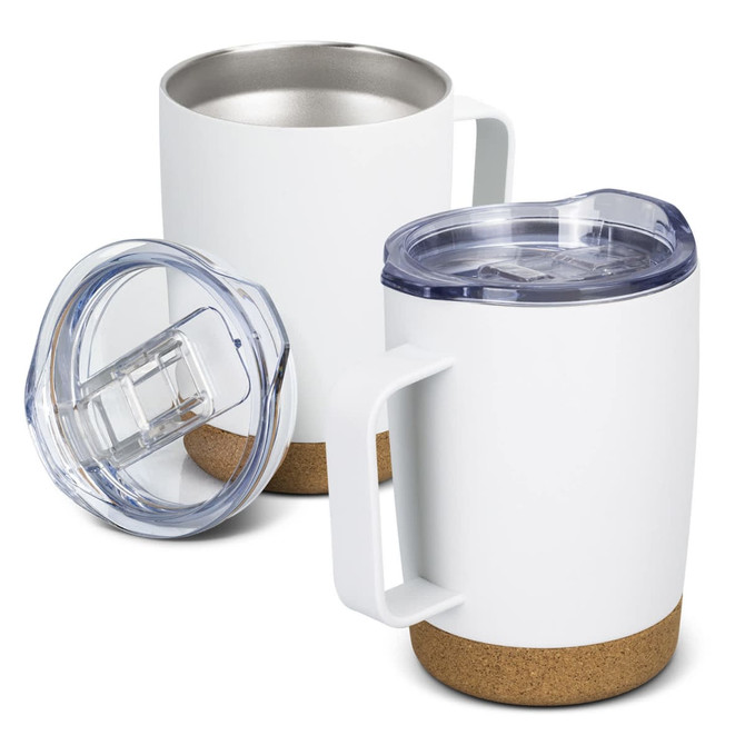 A drink bottle with a white body and cork base, featuring a clear lid and handle, shown with lid off.