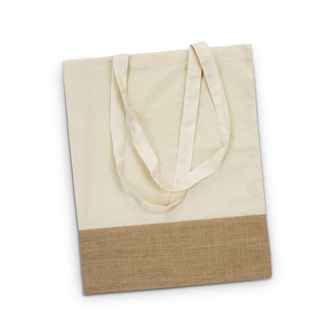 A natural-coloured tote bag with a brown jute bottom and matching fabric straps. It features a logo on one side.