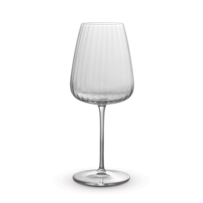 A clear glass wine glass with a ridged design and a slender stem. Features a smooth base and a stylish shape.