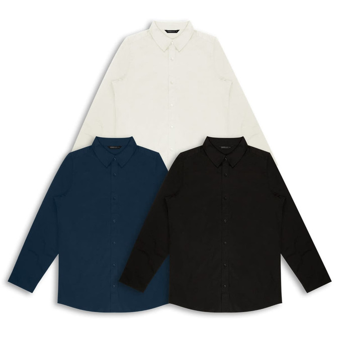 Three button-up shirts in white, navy blue, and black, all featuring collars and long sleeves. Each shirt has a logo.