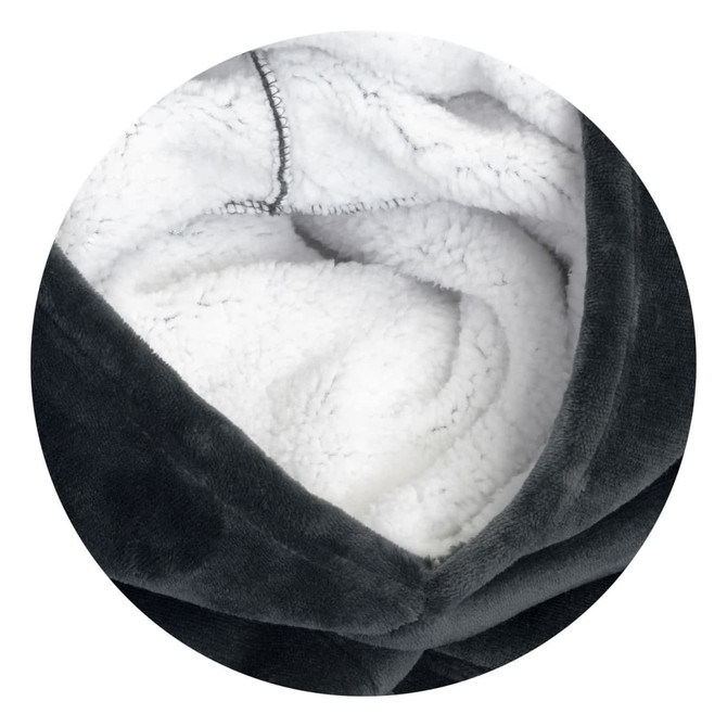 A soft, grey blanket hoodie with a plush white interior, featuring a seamless design and a logo.