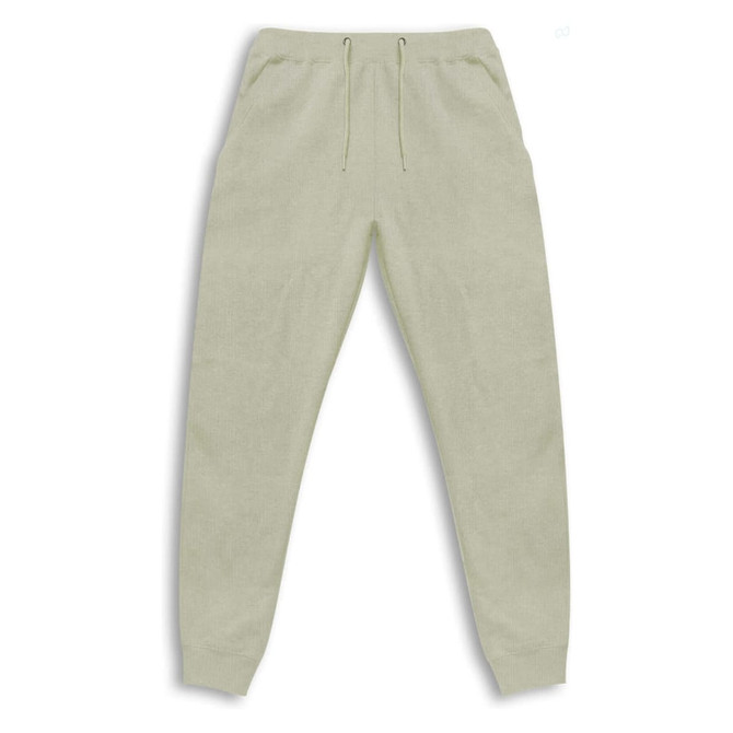 A pair of light green unisex sweatpants with an elasticated waistband and drawstring, featuring pockets and a logo.