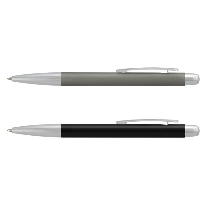 A set of two metal pens in grey and black, each featuring a silver clip and accents.