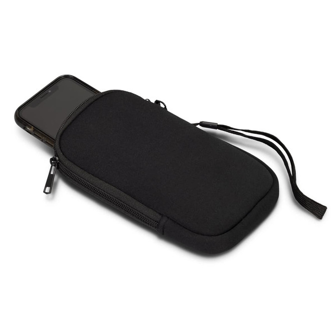 A black phone sleeve with a zip closure, featuring a sleek design and a small carrying strap.