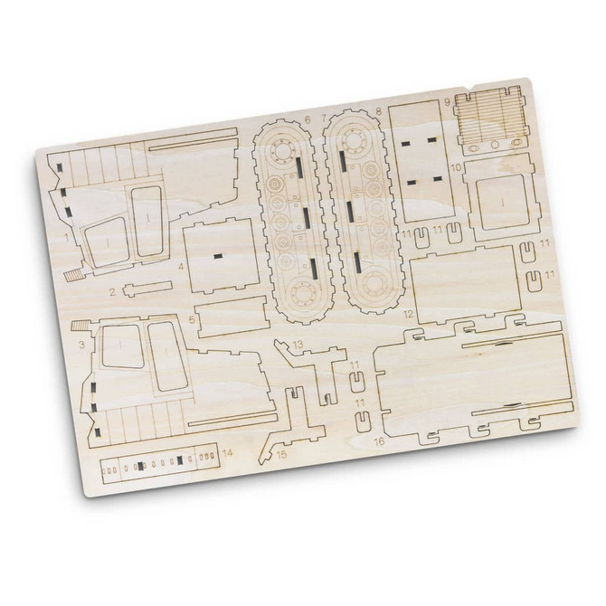 A wooden model kit of a bulldozer with laser-cut pieces on a light wooden board. Includes detailed components.