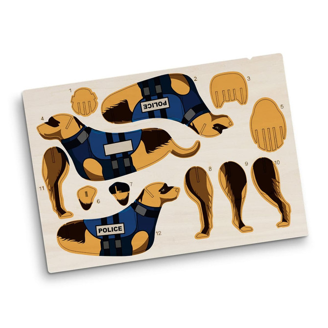 A wooden model featuring a police dog with detachable parts, primarily in brown and blue colours.