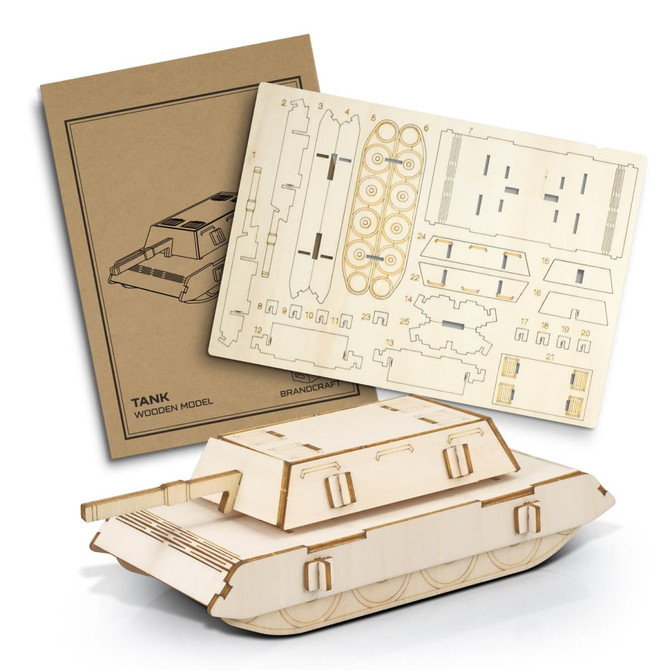 A wooden model of a tank in natural wood colour, alongside its packaging and assembly parts, featuring a logo.
