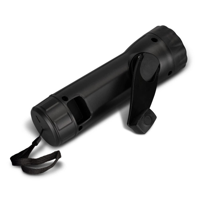 A black rechargeable torch with a wrist strap and a clip, designed for convenience and portability.