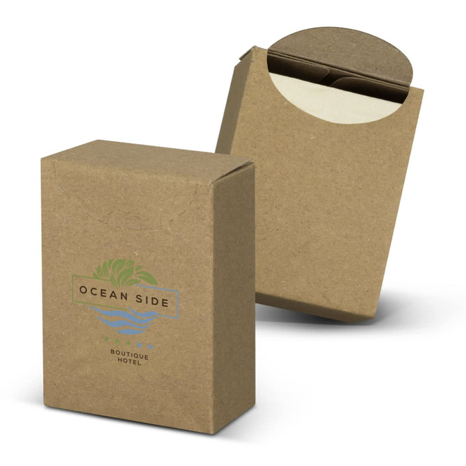 A box of travel tissues in a brown kraft paper design with a rounded top and a visible branded logo.