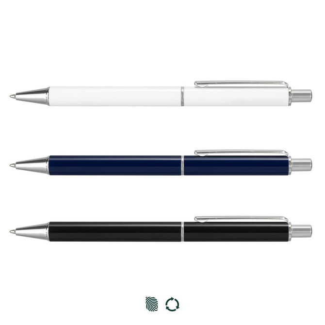 A set of three metal pens in white, navy blue, and black, each featuring a silver clip and detailing.