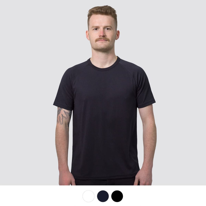 A black men's sports T-shirt with a round neck and short sleeves, featuring a logo.