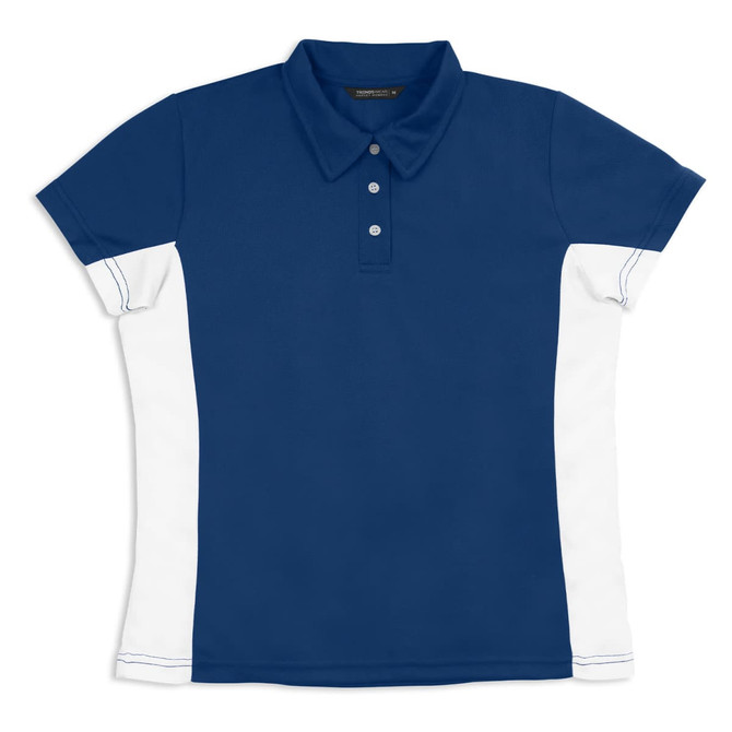 A navy blue and white women's polo shirt featuring a collar and short sleeves, with branding on the inside.