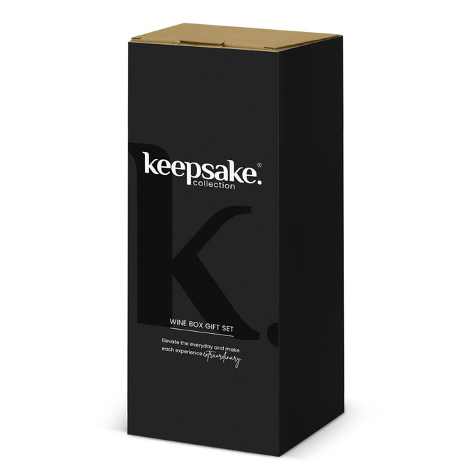 A black wine box gift set with a gold lid, featuring a logo and sleek design. Ideal for gifting occasions.