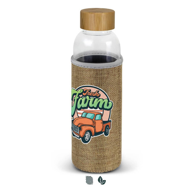 A drink bottle with a clear glass body and a natural beige sleeve featuring a graphic design and a wooden lid.