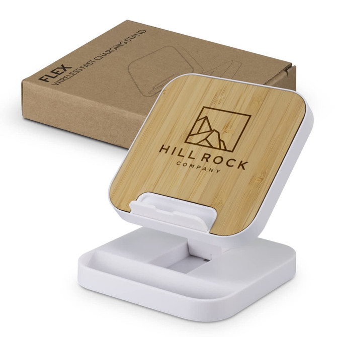 A wireless charging stand with a bamboo surface and white base, accompanied by a cardboard box.