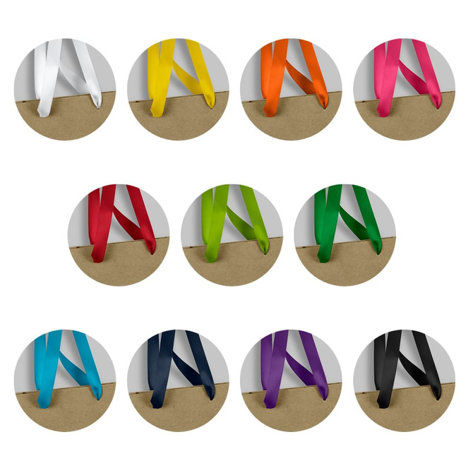 A collection of ribbon handles in various colours including white, yellow, orange, green, blue, and black.