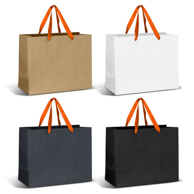 Four large ribbon handle paper bags in brown, white, and black with orange handles. All bags have a plain design.