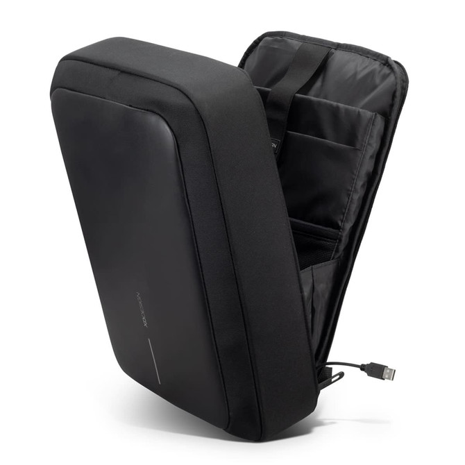 A black anti-theft backpack with a sleek design, featuring an open zipper and organisational pockets inside.