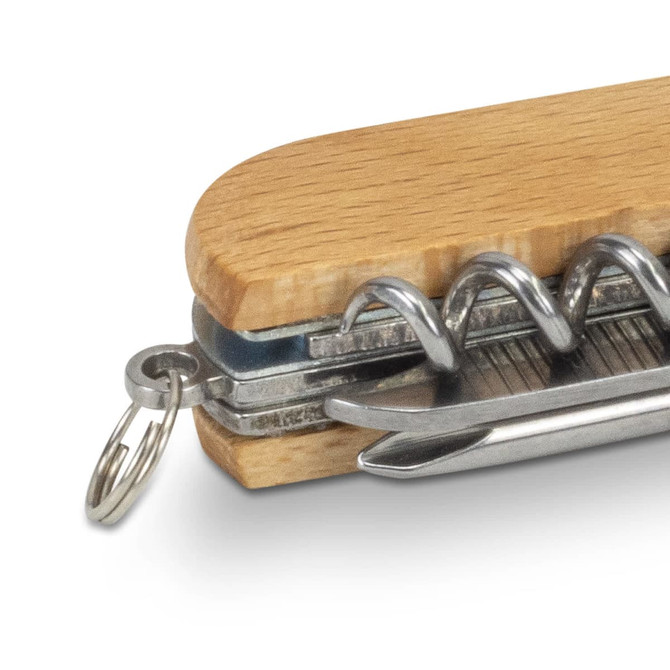 A wooden pocket knife in a light wood finish with metal tools, featuring a keyring attachment.