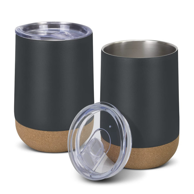 A drink bottle set featuring two dark green vacuum cups with cork bases and transparent lids.