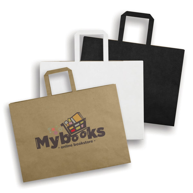 A collection of extra large flat handle paper bags in brown, white, and black with branding.