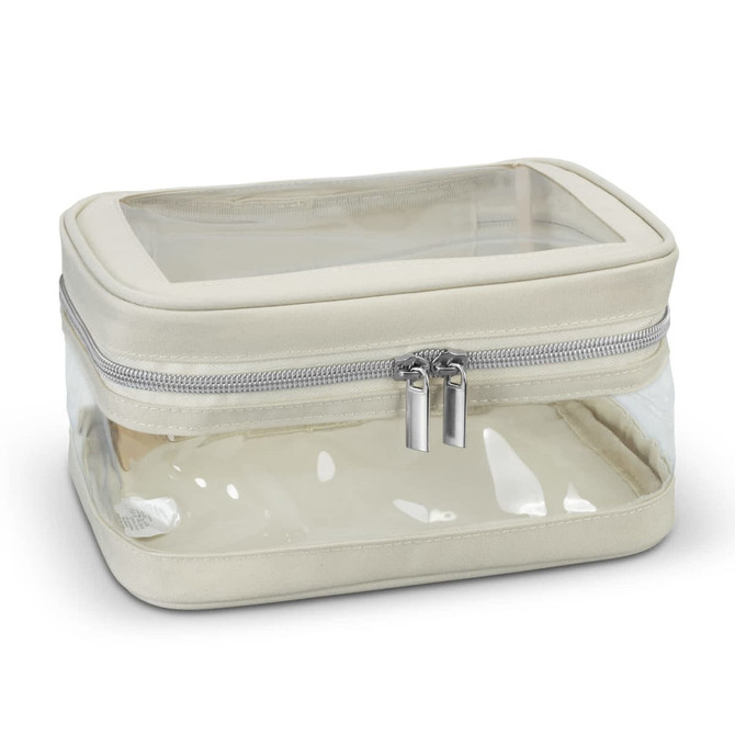 A cream cosmetic bag with a clear panel and zip closure, designed for storage and organisation.