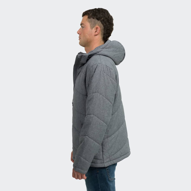 A man models a grey puffer jacket with a hood, featuring quilted design and a logo on the chest.