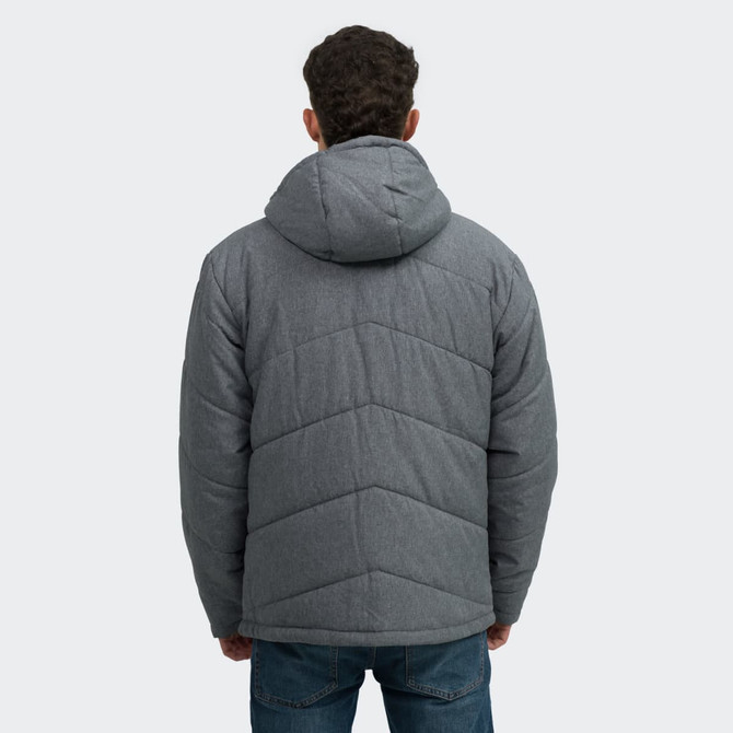 A grey puffer jacket with a hood, featuring a chevron pattern on the back, displayed on a model.