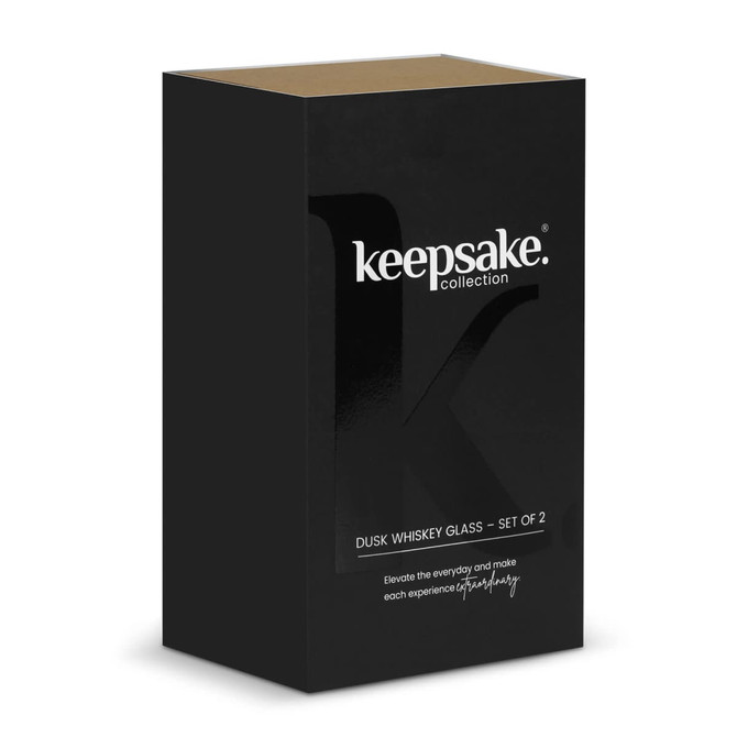 A black packaging box for a set of two Dusk Whiskey glasses, featuring a logo and a sleek design.